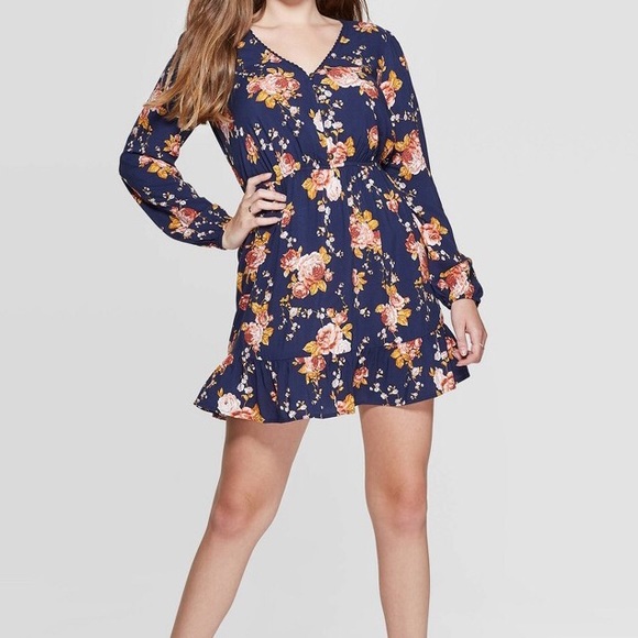 Xhilaration Dresses & Skirts - Navy & Mustard Floral Long Sleeve Mini-Dress